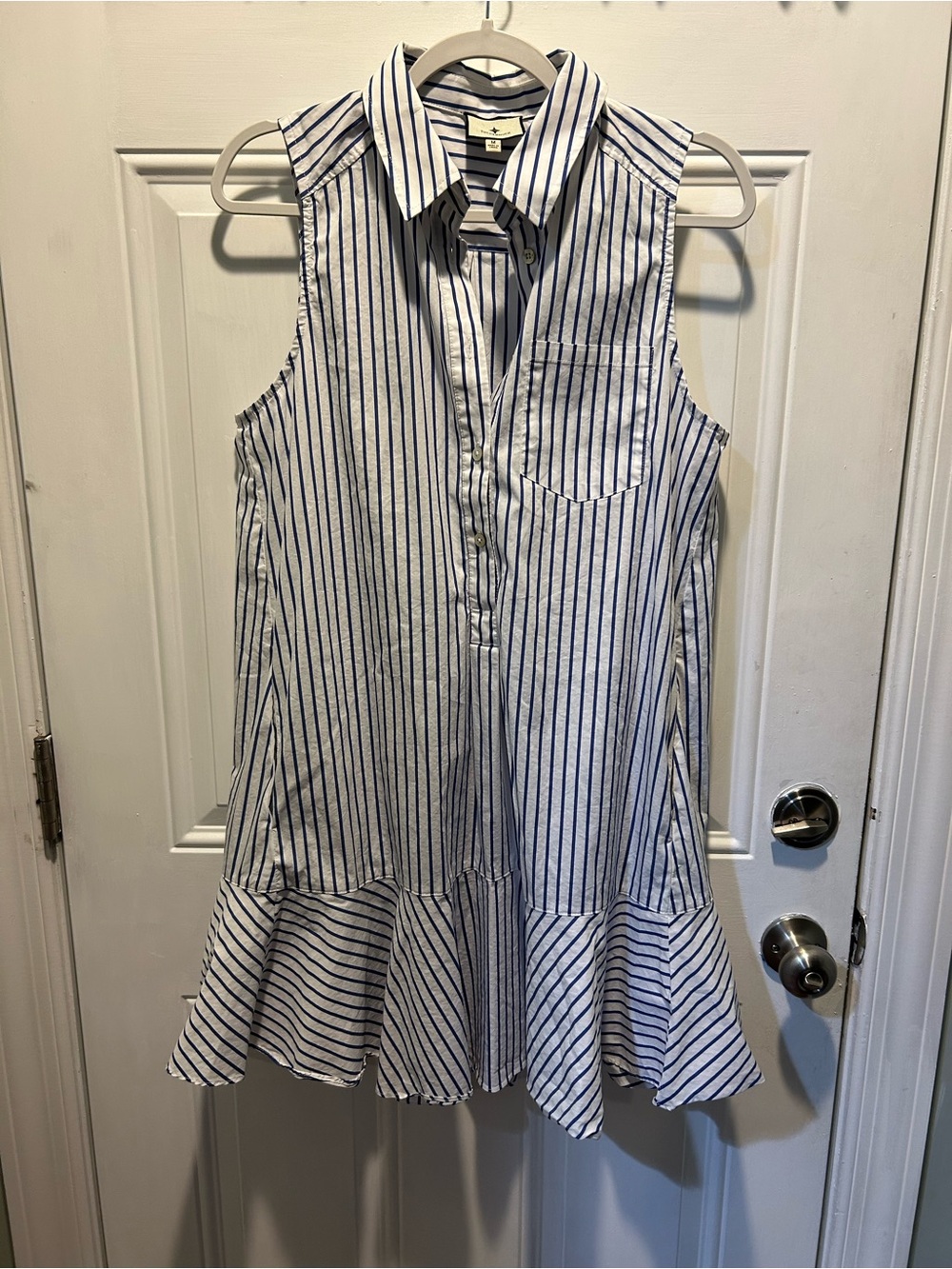 Tuckernuck Blue and White Sleeveless Striped Ruffle-Hem Dress